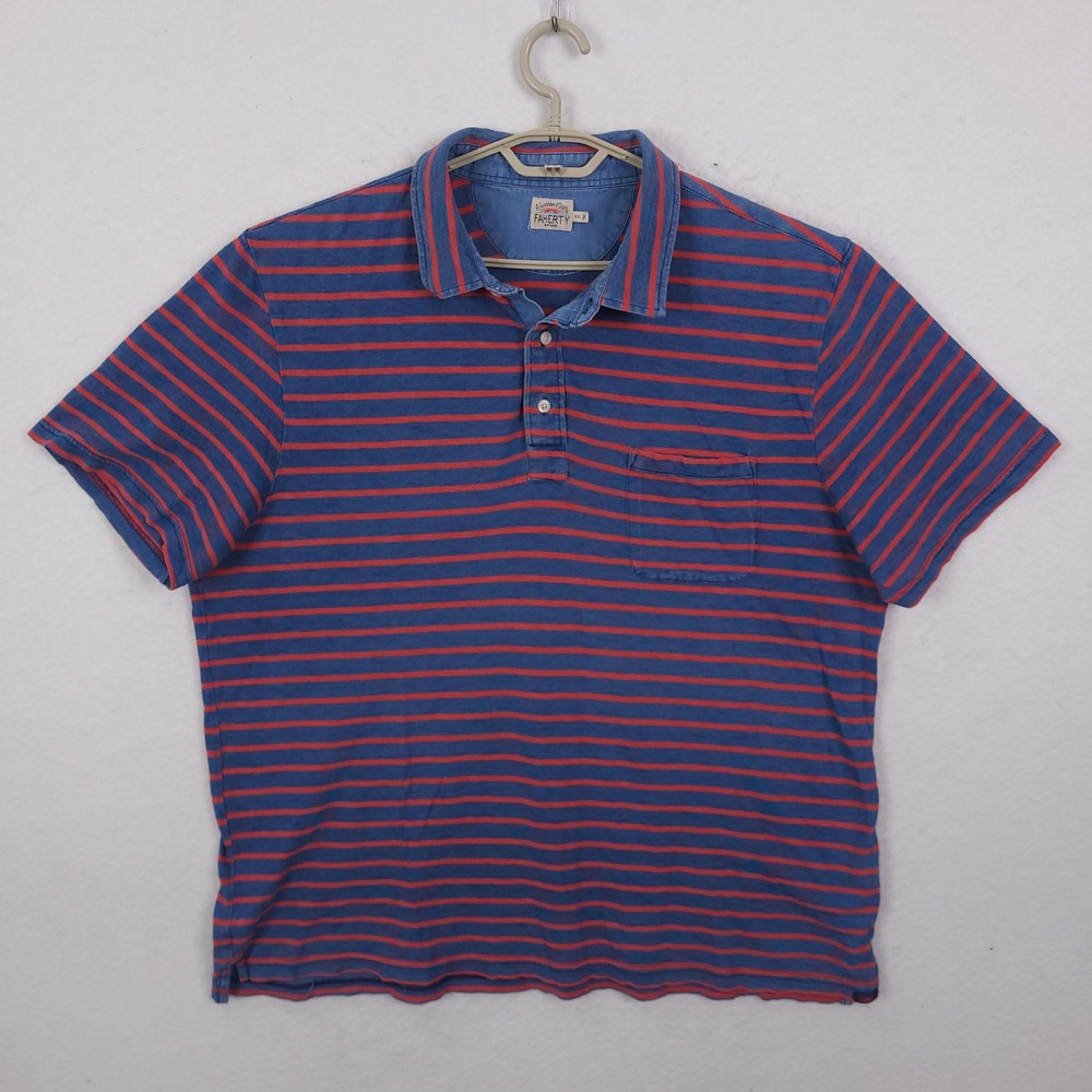 Faherty  Polo Shirt Mens XXL Indigo Striped Short Sleeve Cotton Coastal Casual